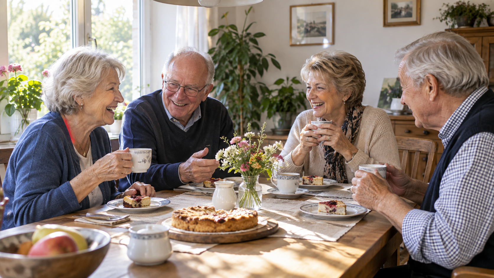 Kleine Runde älterer Menschen an einem hellen Esstisch