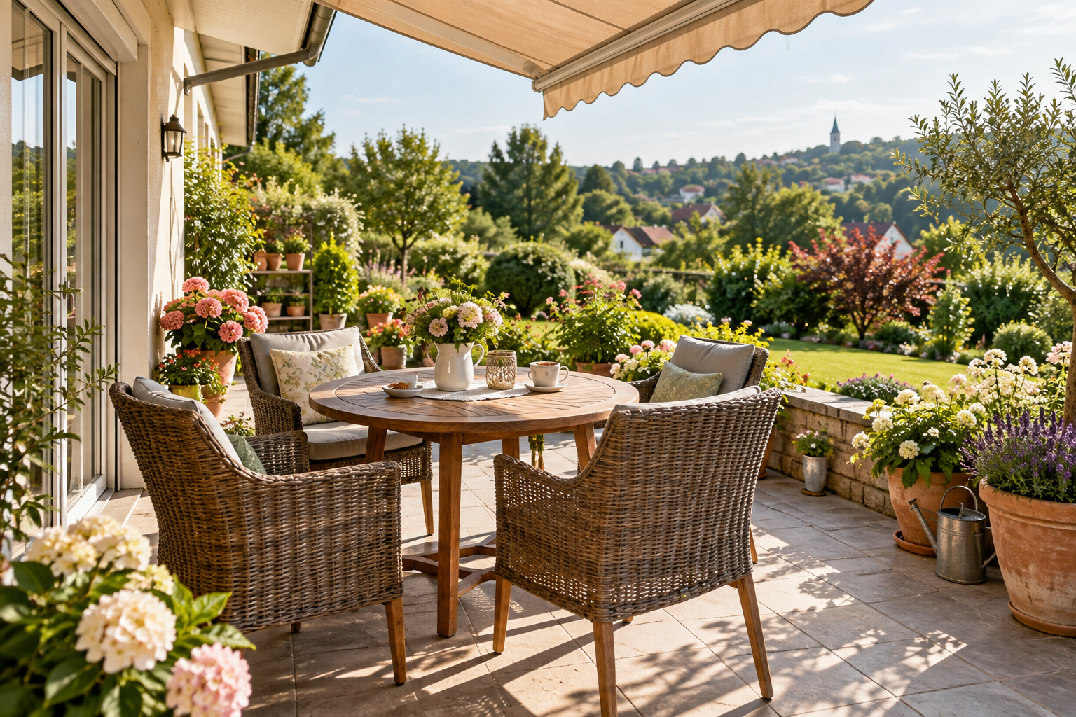 Einladende Terrasse mit Tisch und Gartenblick